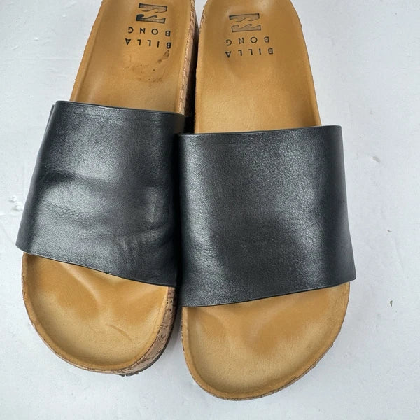 Billabong Black Leather Cork Slide Sandals Women’s 7.5 Comfort Slip On Casual