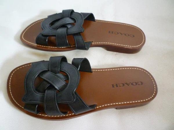 Coach Issa Black Leather Slides Sandal Shoes Women's UK 6 RRP £195 New US 8