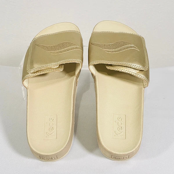 KEDS Slides Womens 7 Metallic Tan Adjustable Hook & Loop Sandals Cushion Foam