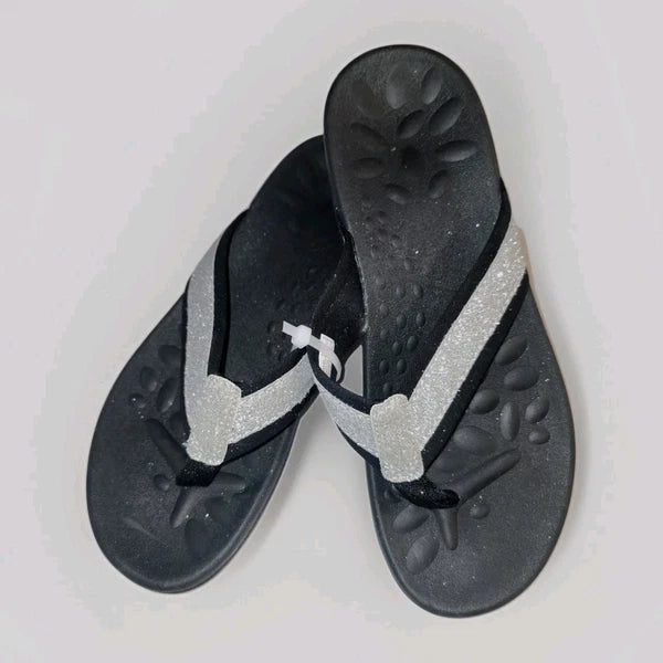 NEW! VIONICA STYLE sz 8 (38) ORTHO SILVER SPARKLE ON BLACK THONG SANDALS  SLIDES