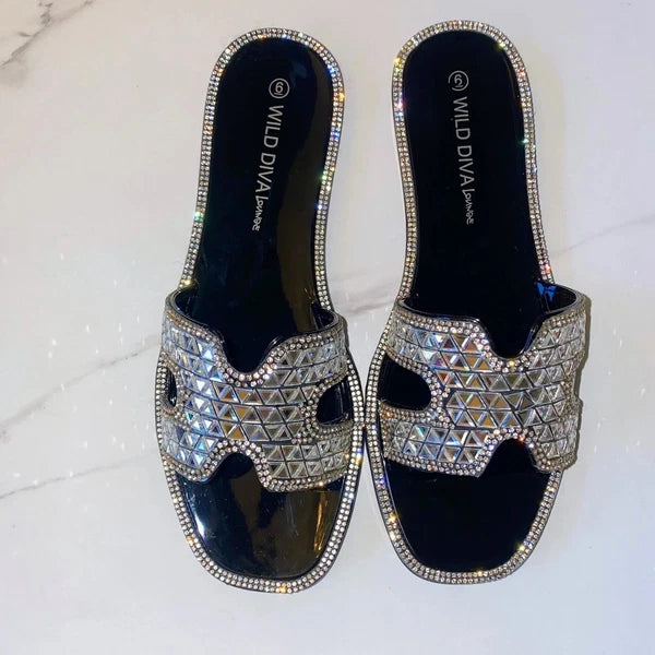 NEW 2x pairs 6 Clear Black Jelly Flat Sandals Wedding Slides Rhinestone Silver
