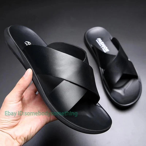 Mens Leather Flats Slip On Summer Casual Slippers Casual Beach Slides Shoes Size