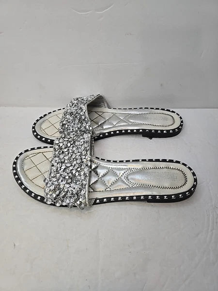 Fashion Nova Sandals Womans 10 Silver Slip On Flats Rhinestones City Club Preppy