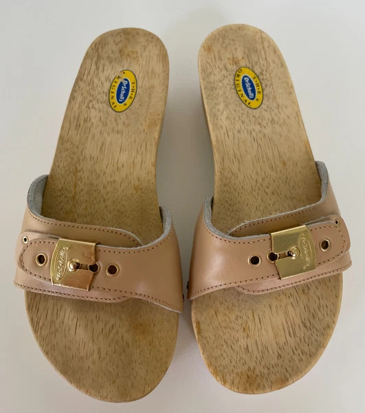 Dr. Scholl's The Original Wooden Sandals Slides Beige Leather Sz 5 M Brazil NEW