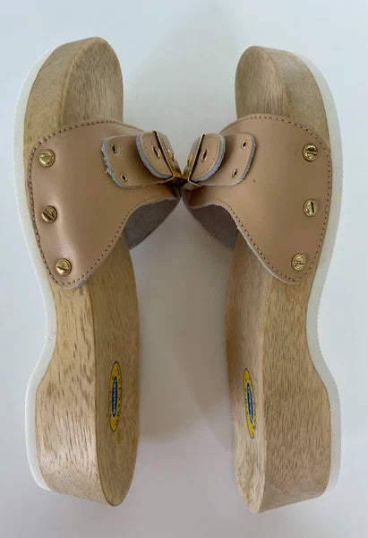 Dr. Scholl's The Original Wooden Sandals Slides Beige Leather Sz 5 M Brazil NEW