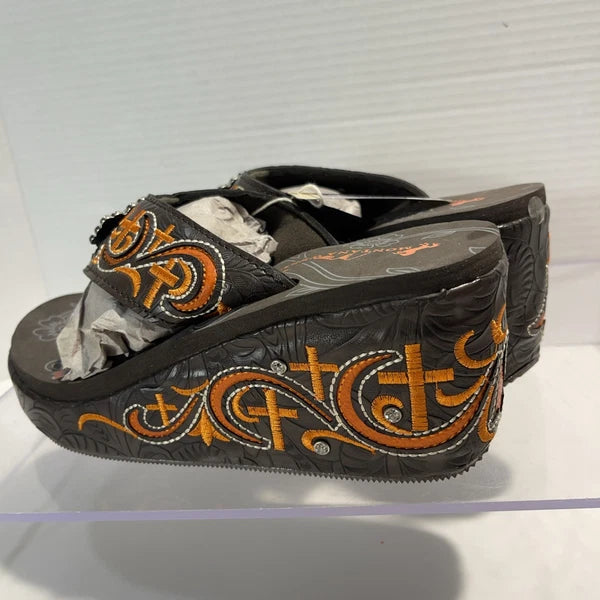 Montana West Embroidered~Rhinestone & Cross Western Style Wedge Sandals Sz 7-7.5