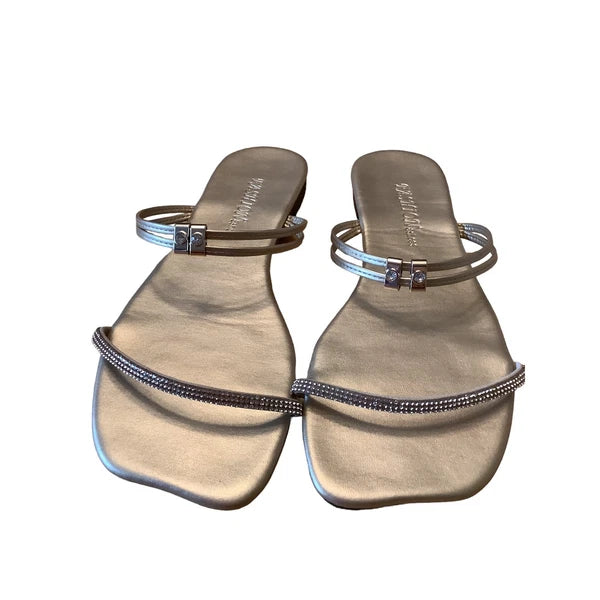 FASHION & SHOES METALLIC GOLD LEATHER AND CRYSTAL STRAP SLIDES NEW EU 40 US 9.5