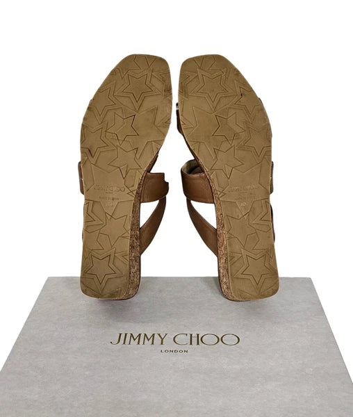 JIMMY CHOO Samara Brown Leather Cork Wedge Slide Sandals 40.5 / 10.5 US