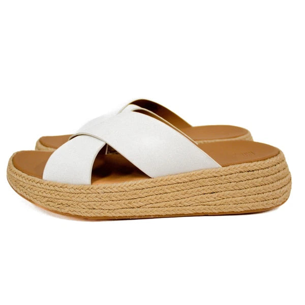 Fitflop F-Mode Leather Urban White Cross Flatform Slide Sandals Women's Size 11