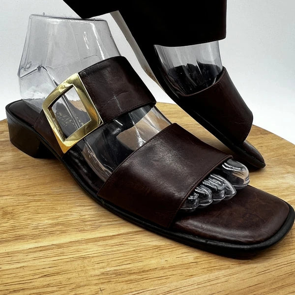 Rangoni Firenze Brown Leather Open-Toe Sandals 8 1/2 AA Made Italy Gold Buckle