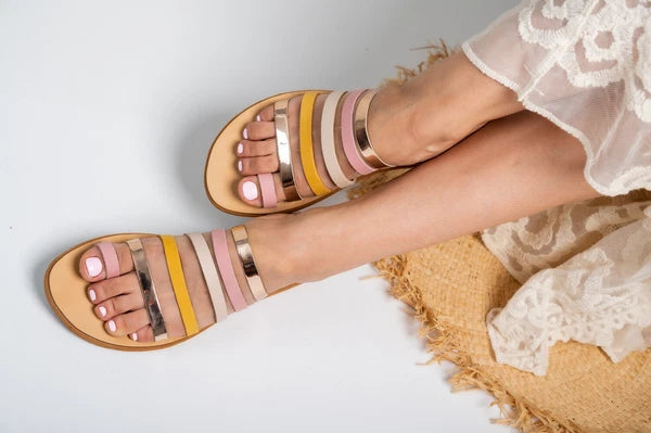 Ancient Greek style real leather strappy slide multicolor sandals handmade