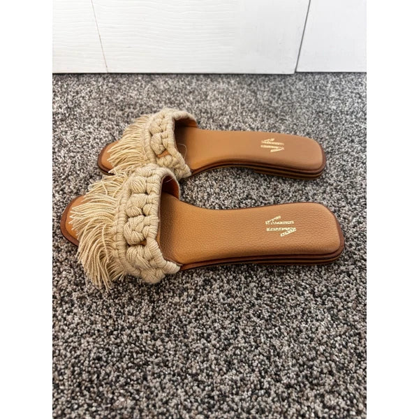 Silvia Cobos Cream Candy Fringe Detail Square Toe Flat Slide Sandals NWOB size 7