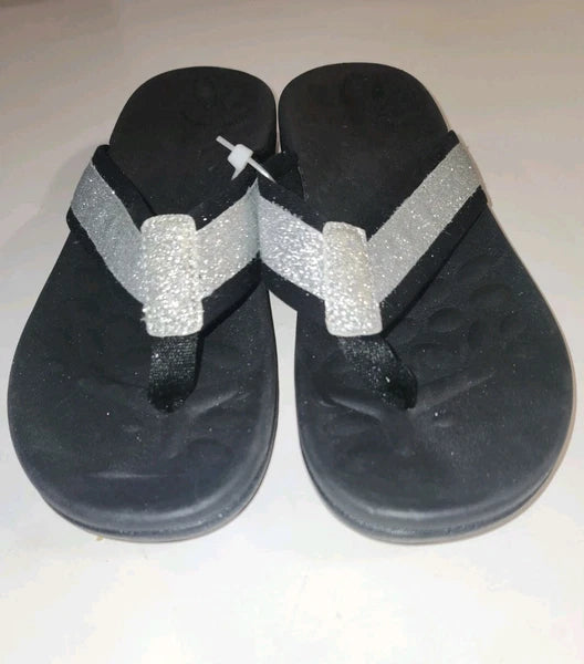NEW! VIONICA STYLE sz 8 (38) ORTHO SILVER SPARKLE ON BLACK THONG SANDALS  SLIDES