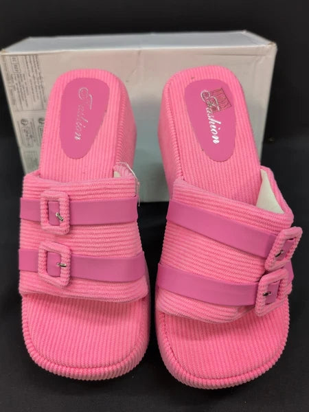 Fashion Double Buckle Slide Sandal Womem's US 7 Pink (60900)