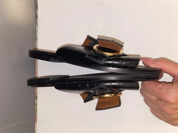 Find Black & Gold Leather Suede Croc Print Slide Sandals | Classic Style 7.5