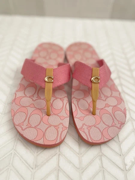 Coach Signature Zoe Flip Flop Sandals Pink 6 Flats Gold C Logo Designer Preppy