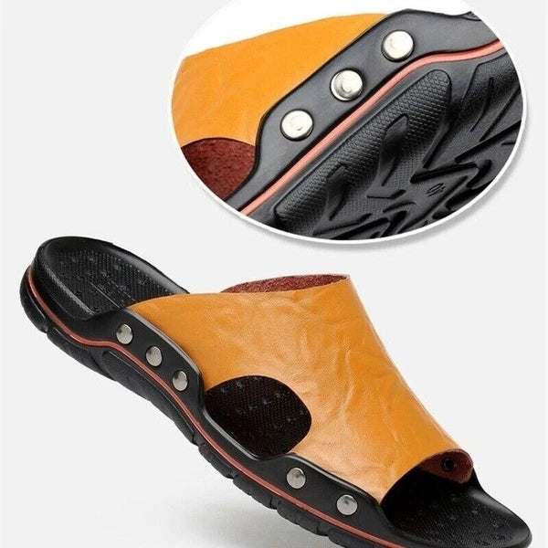 Mens Leather Slippers Summer Beach Fashion Sandals Casual Flats Slides Plus Size