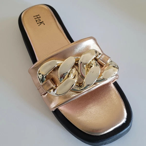 H2K Chain Rose Gold Fashion Comfort Soft Slides Flip Flops Sandals  Open Toe New