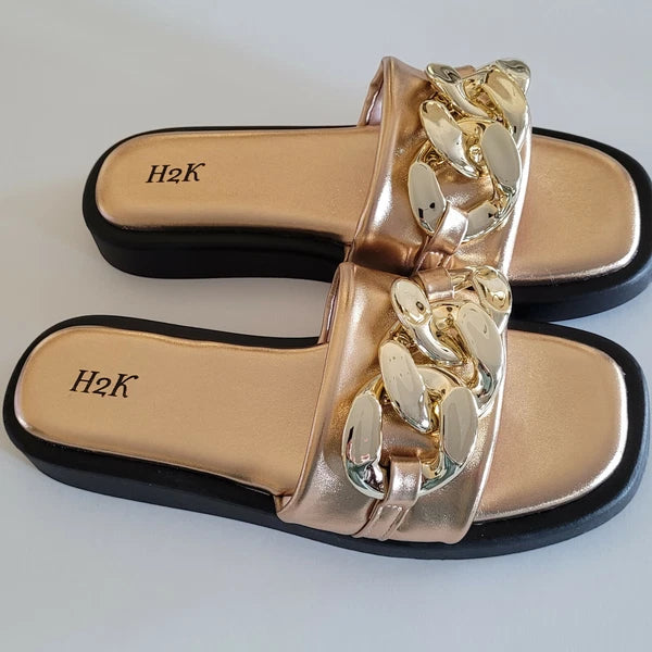 H2K Chain Rose Gold Fashion Comfort Soft Slides Flip Flops Sandals  Open Toe New