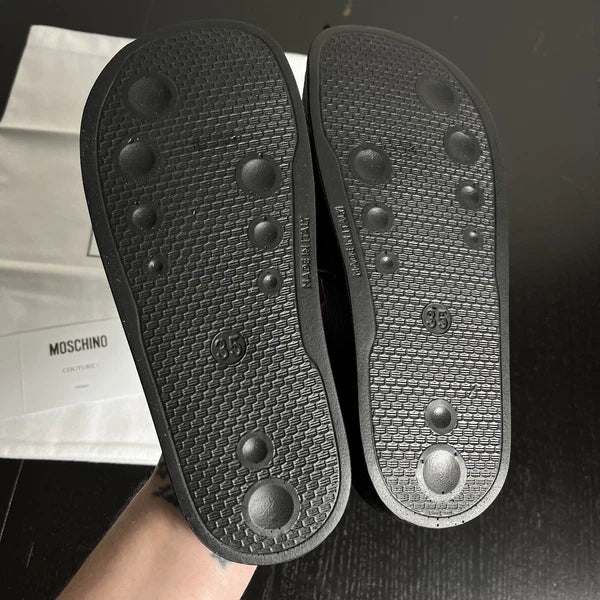 Authentic MOSCHINO Womens Size 35/US 5 Black Logo Pool Slide Sandals NEW