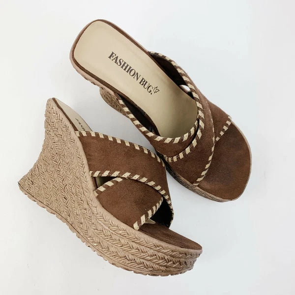 Vintage 90's Y2K Fashion Bug Wedge Sandals Brown Tan Suede Size 6.5 6 1/2