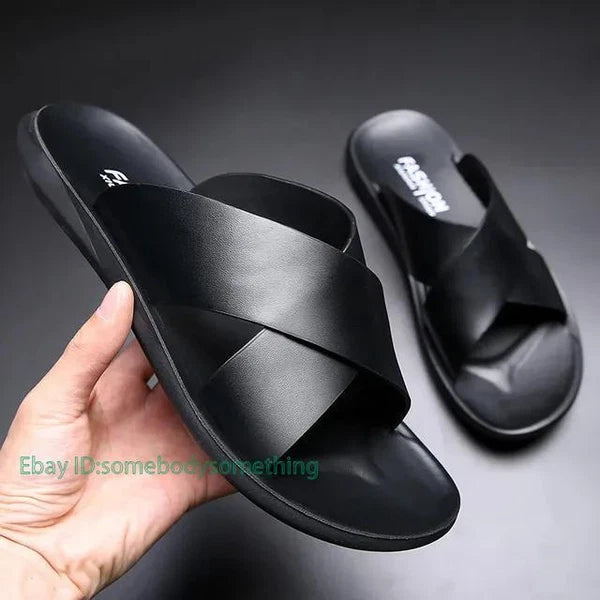 Mens Leather Flats Slip On Summer Casual Slippers Casual Beach Slides Shoes Size