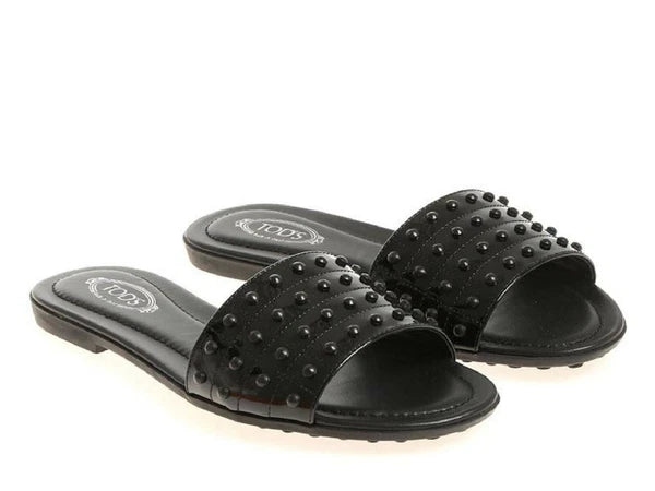 Tod's Women's fashion slip-on flat slide sandals black patent leather with studs