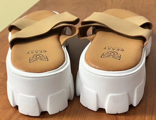 Beast Fashion Brown White Slip On Crossed Strap Sandal Womens Size 8 New