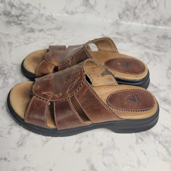 Ariat Brown Leathers Strap Brass Stud Slides Sandal Style 21443 Womens 6B Farm