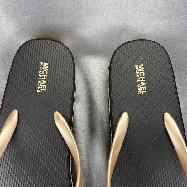 Michael Kors Logo Flip Flops Womens 10 Fashion Sandals Black/Gold RX24D MK Shoes