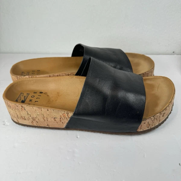 Billabong Black Leather Cork Slide Sandals Women’s 7.5 Comfort Slip On Casual