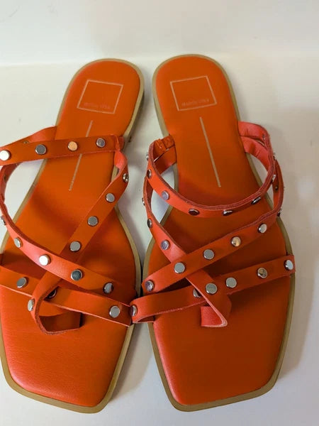 Dolce Vita Orange Izabel Strappy Square Toe Studded Flat Slide Sandals - Size 9