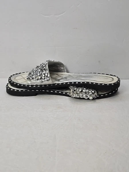 Fashion Nova Sandals Womans 10 Silver Slip On Flats Rhinestones City Club Preppy
