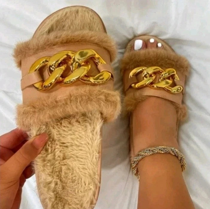 WOMENS FLAT FASHION DESIGNER FAUX FLUFFY FUR SLIDES LADIES MULES SLIDERS SANDALS