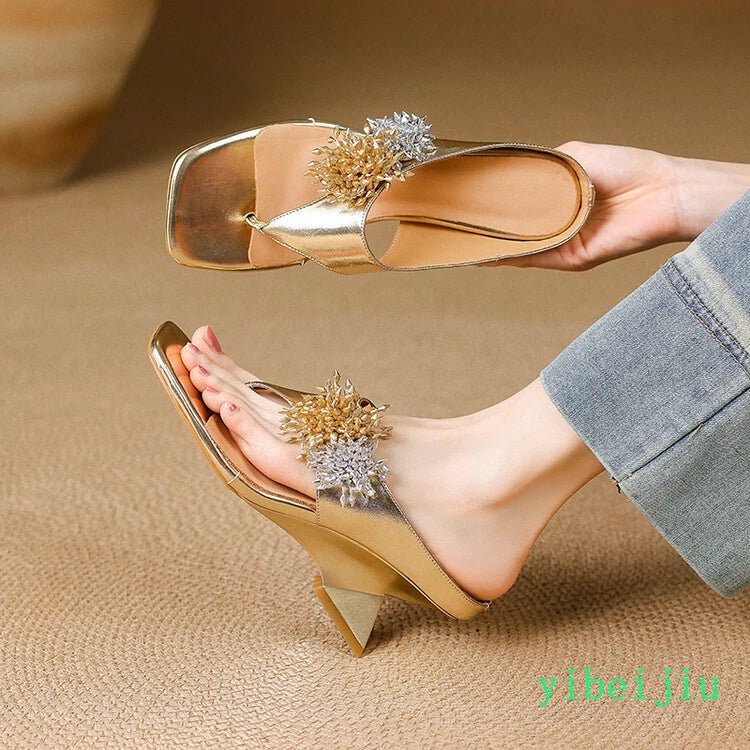Women's Mid Wedge Heel Flip Flops Leather Thongs Sandals Slides Mules Shoes Lady