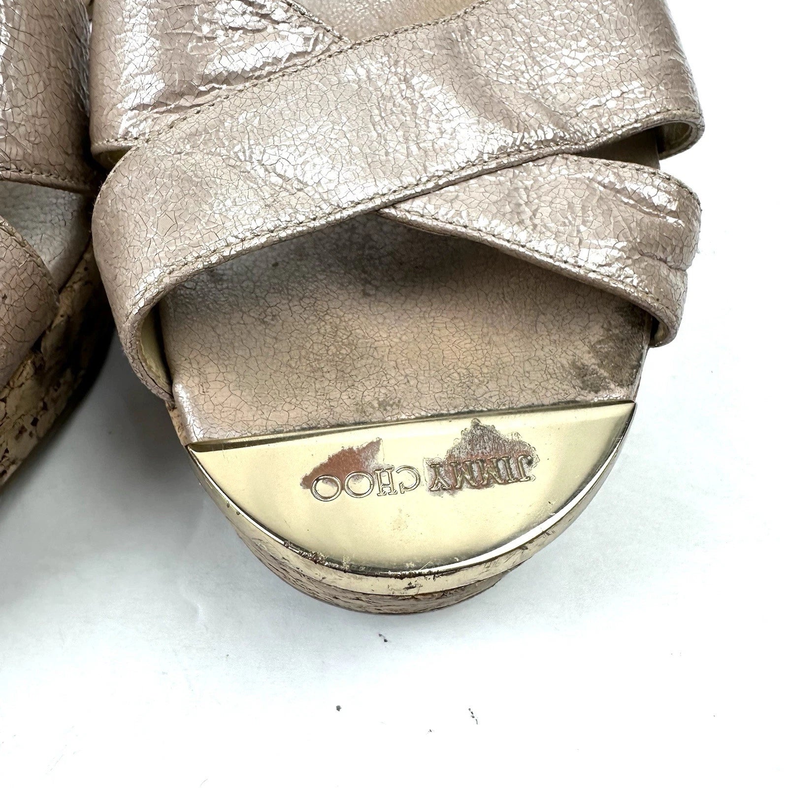 Jimmy Choo Panna Sandals 7 Cork Heel Womens Slip On Shoes Made In Spain