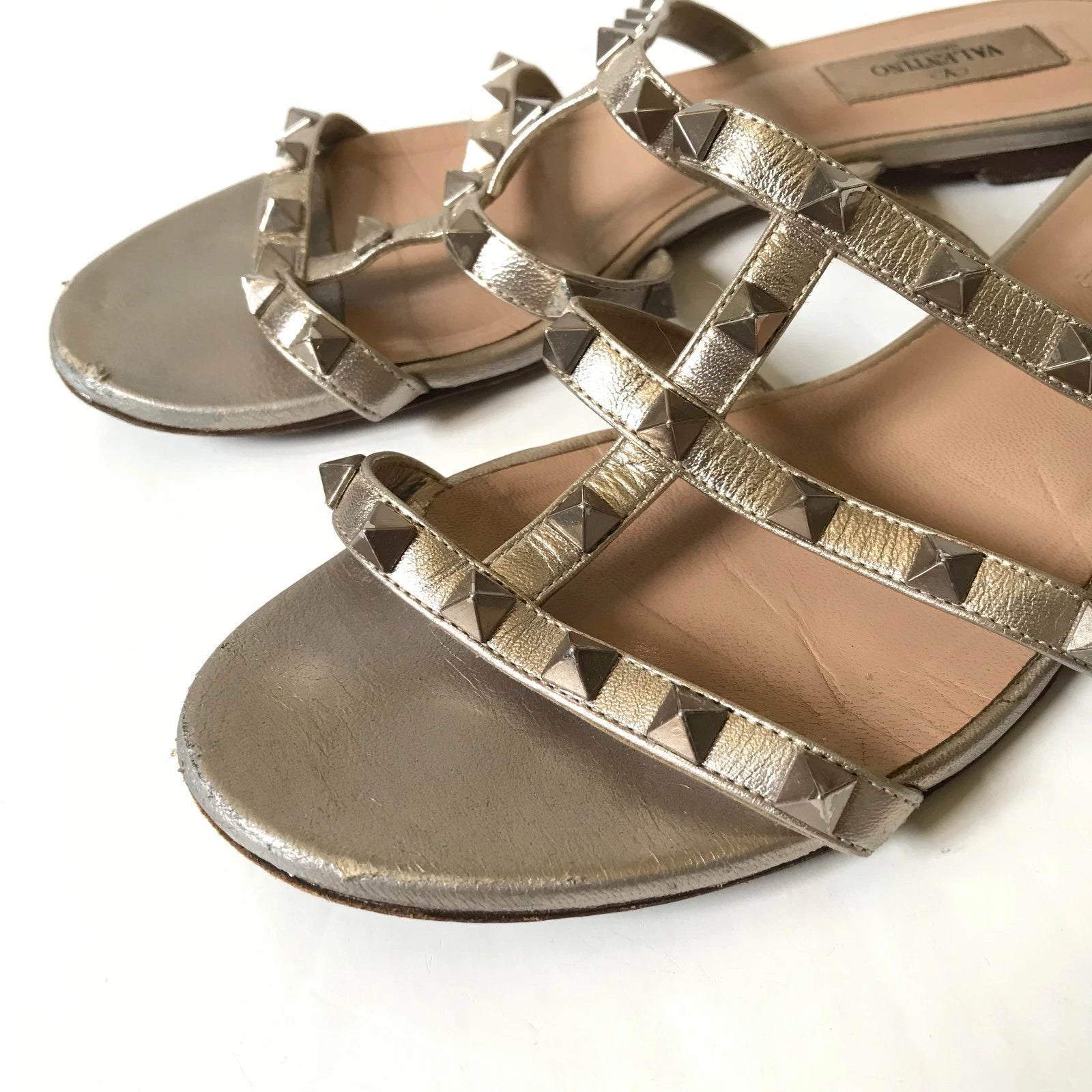 Valentino Rockstud Flat City Slide Sandals Womens 37.5 7.5 Metallic Leather Shoe