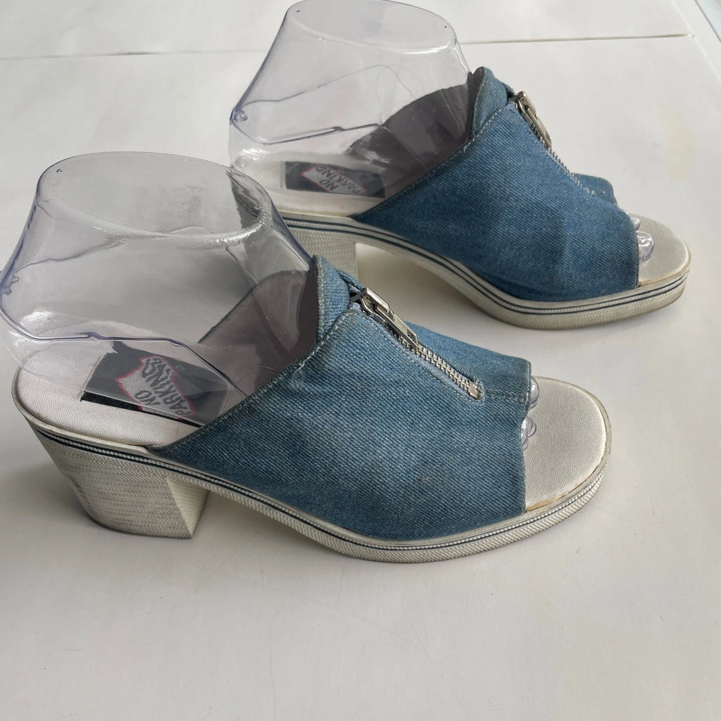 Y2K Denim Mules Heeled Sandals Zip Open Toe 90s Platform Shoes Women's Size 7.5