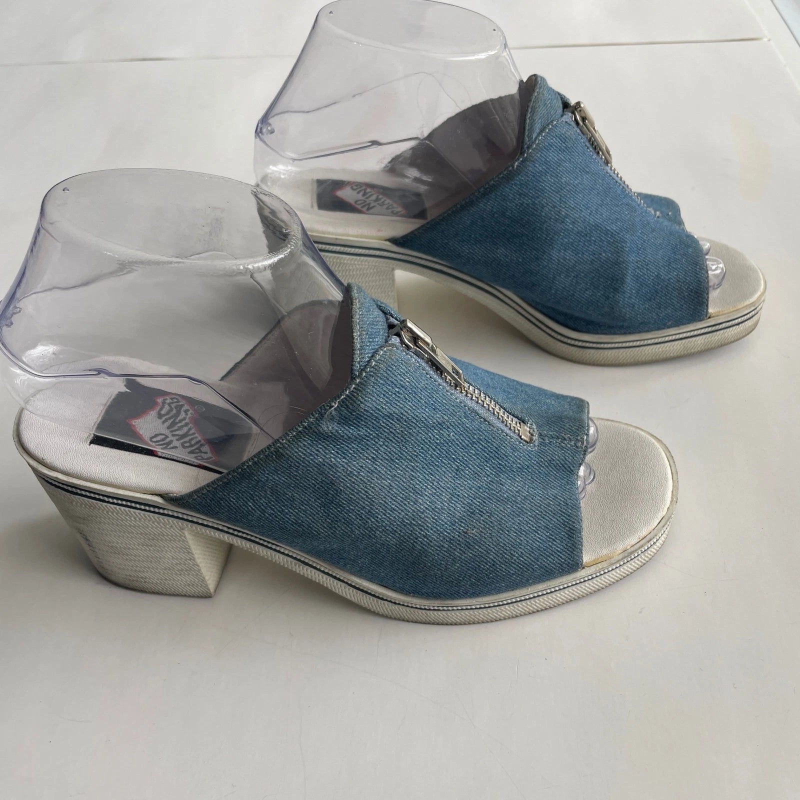 Y2K Denim Mules Heeled Sandals Zip Open Toe 90s Platform Shoes Women's Size 7.5