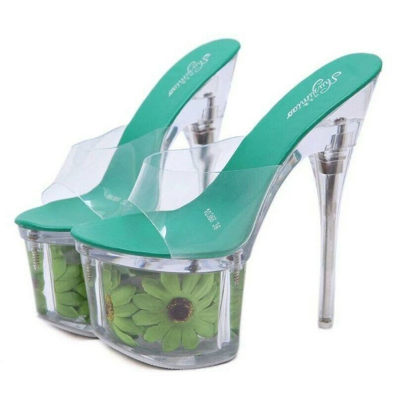 Women's Clear Transparent Flower Slipper Mules Slides Platform High Heel Sandals