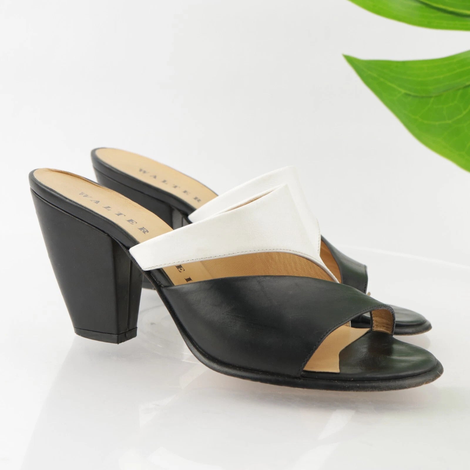 Walter Steiger Italy Women's Sandal Size 8 Block Heel Mule Slide Black White
