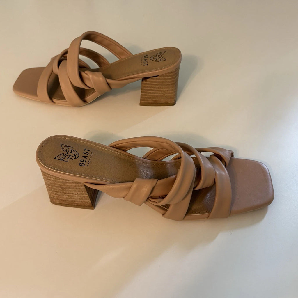Womens Slip on Slides 11 Tan Strappy Mid Chuncky Stack Heel Sq Toe Beast Fashion