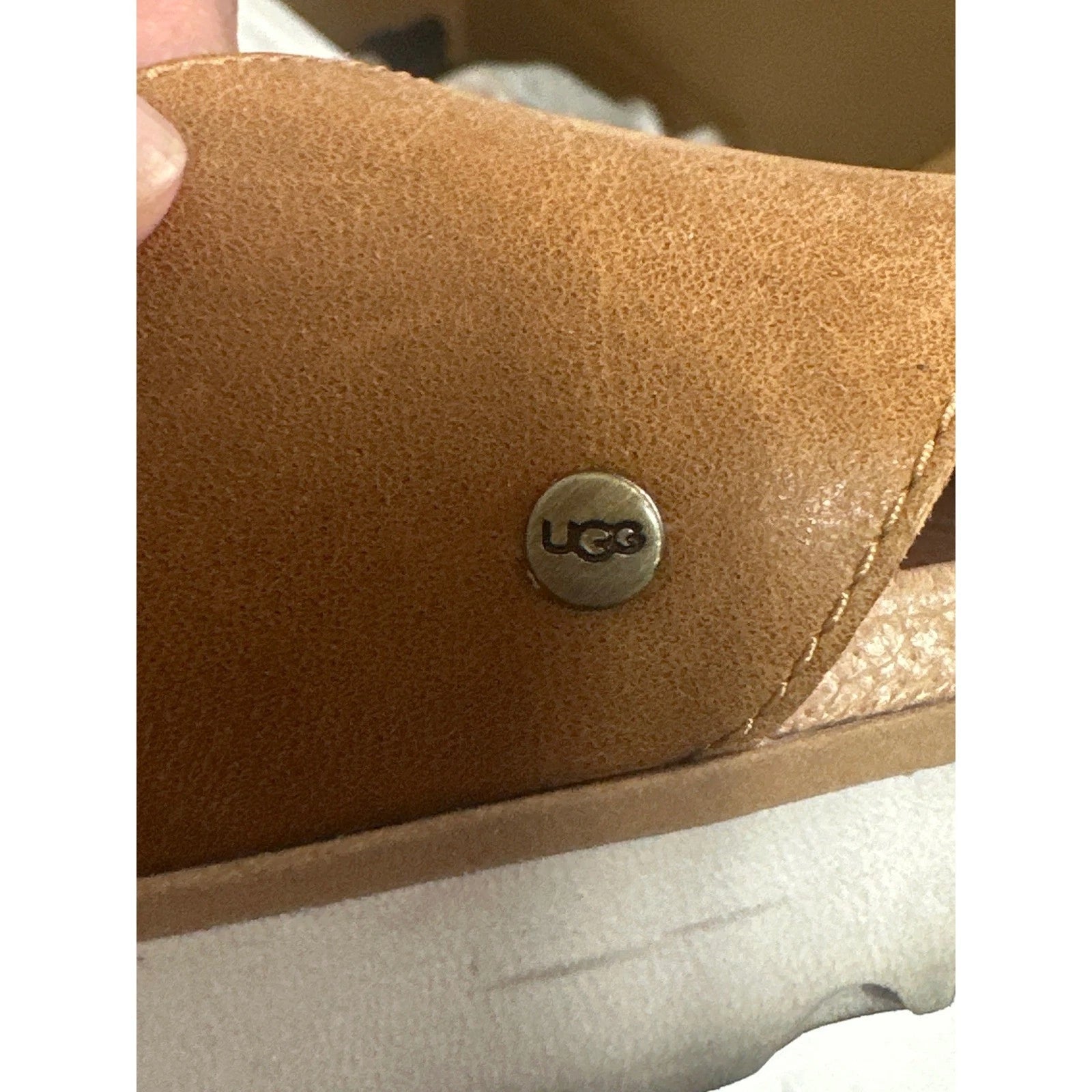 UGG Tan Leather Cross Strap Adjustable Buckle White Sole Sandals