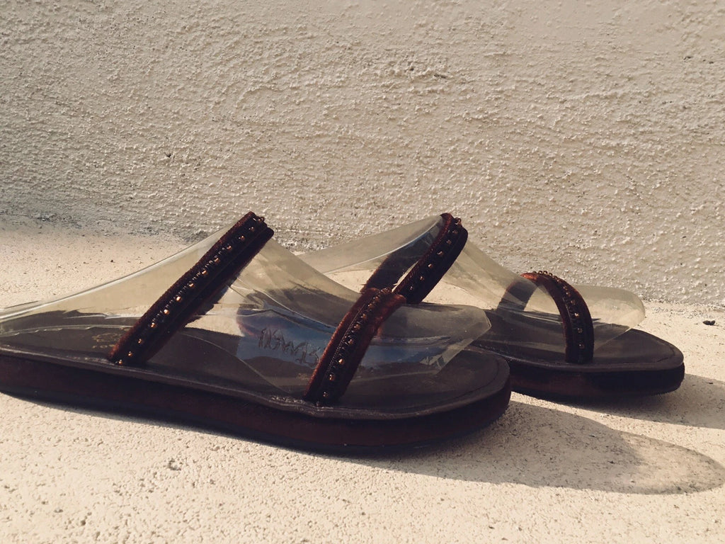 Vtg NEW Rose’s Roses Hand-Beaded Burgundy Velvet, Leather Slide Sandals, Size 6