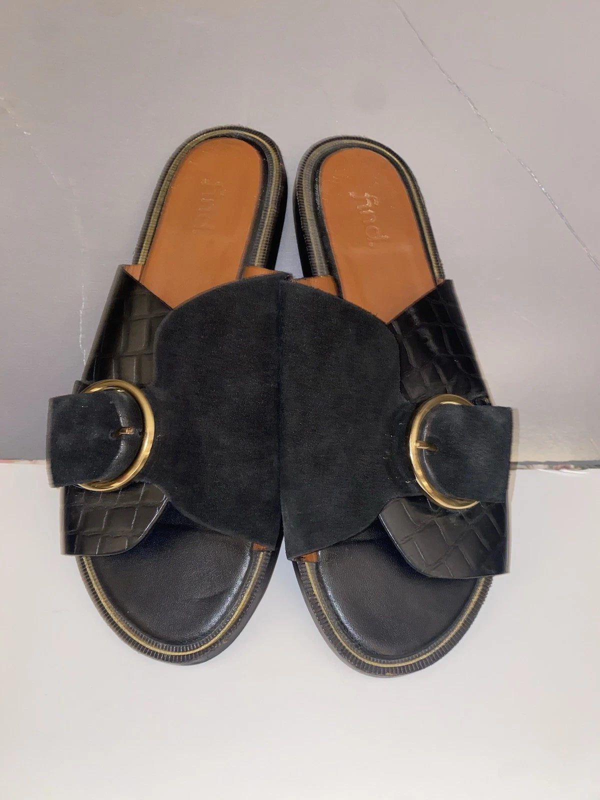Find Black & Gold Leather Suede Croc Print Slide Sandals | Classic Style 7.5