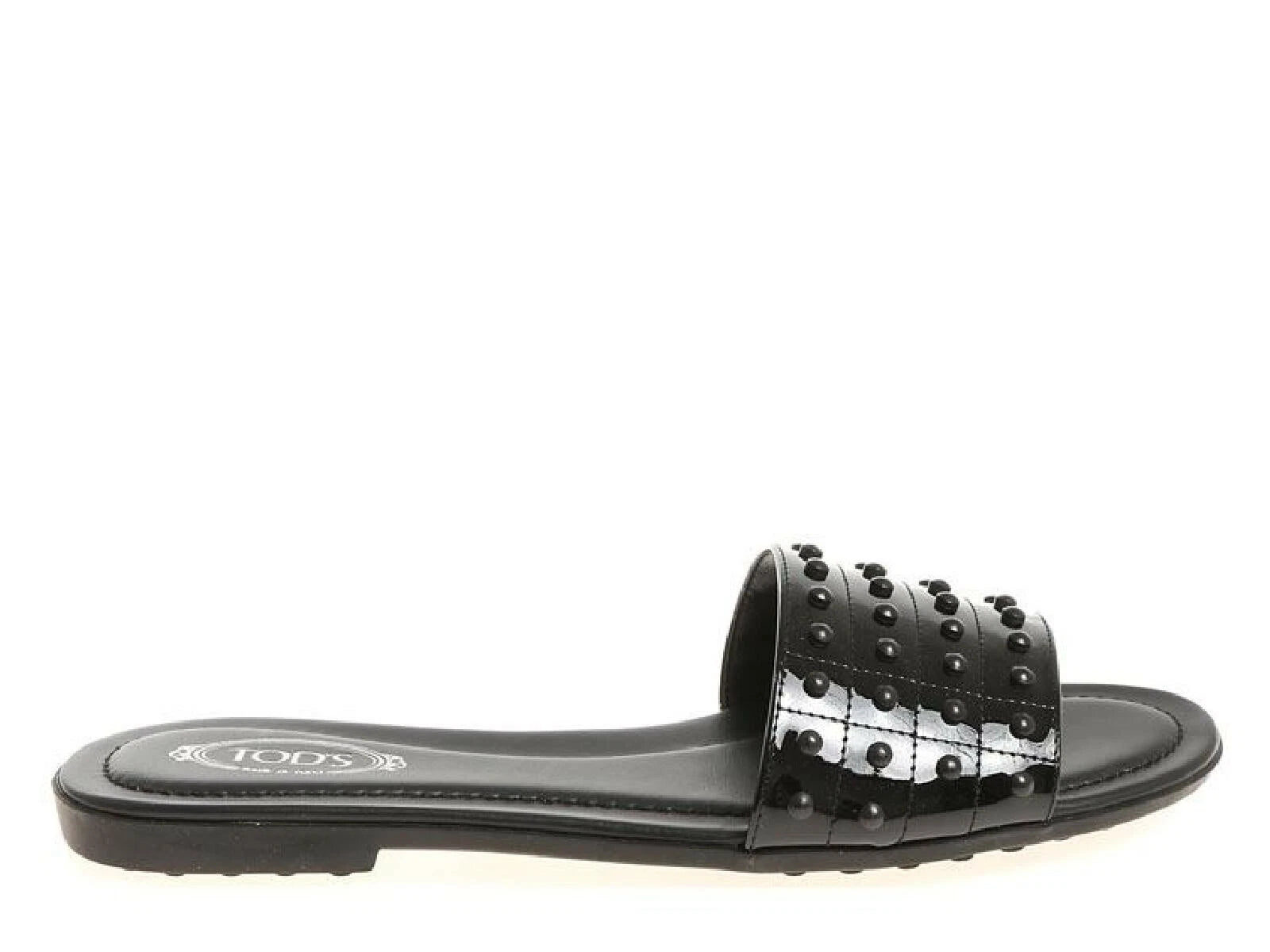 Tod's Women's fashion slip-on flat slide sandals black patent leather with studs