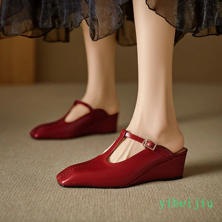 Women's Slippers Real Leather Mules Slides T Bar Sandals Comfort Date Shoes 2025