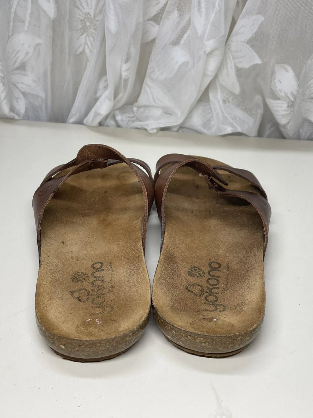 Yokono Women's Ochre Leather Cork Wedge Slide Sandals Size 7.5 Made in Spain