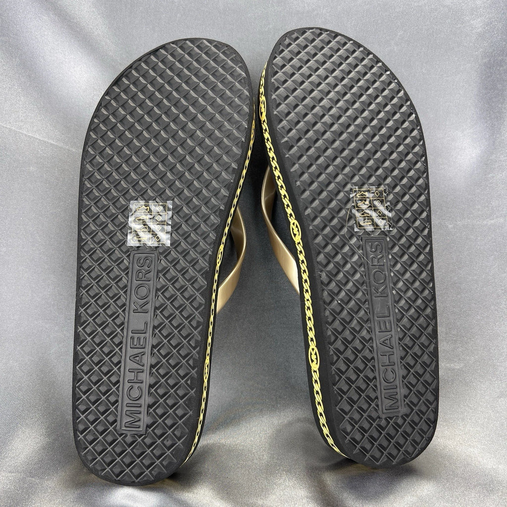 Michael Kors Logo Flip Flops Womens 10 Fashion Sandals Black/Gold RX24D MK Shoes