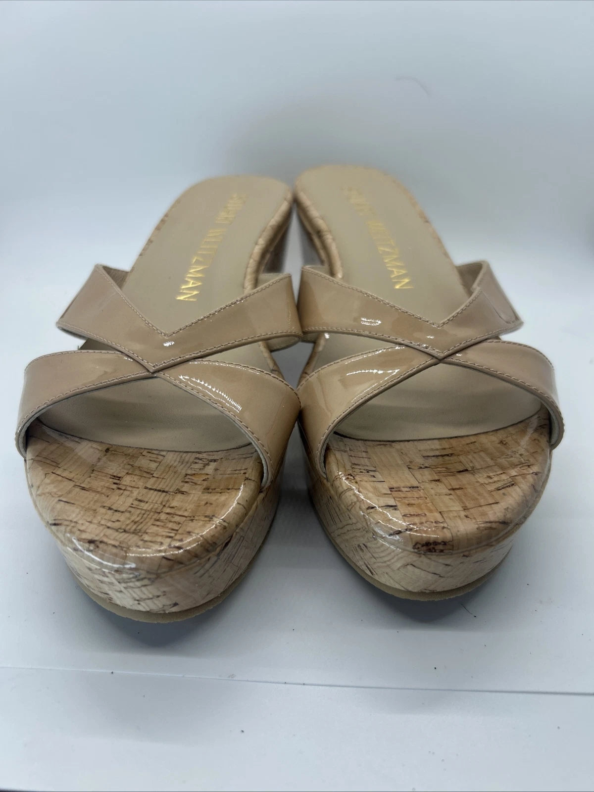 Stuart Weitzman CARMEN Platform Wedges 8 Adobe Slide Sandal Patent Leather $395
